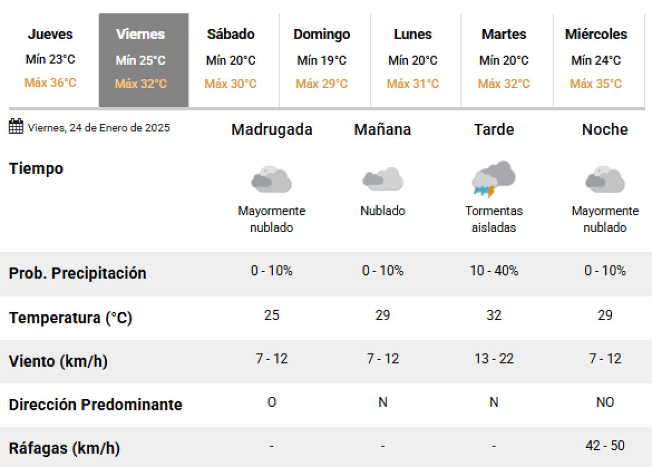 El clima para este viernes 24 de enero: se esperan lluvias. Foto: SMN.