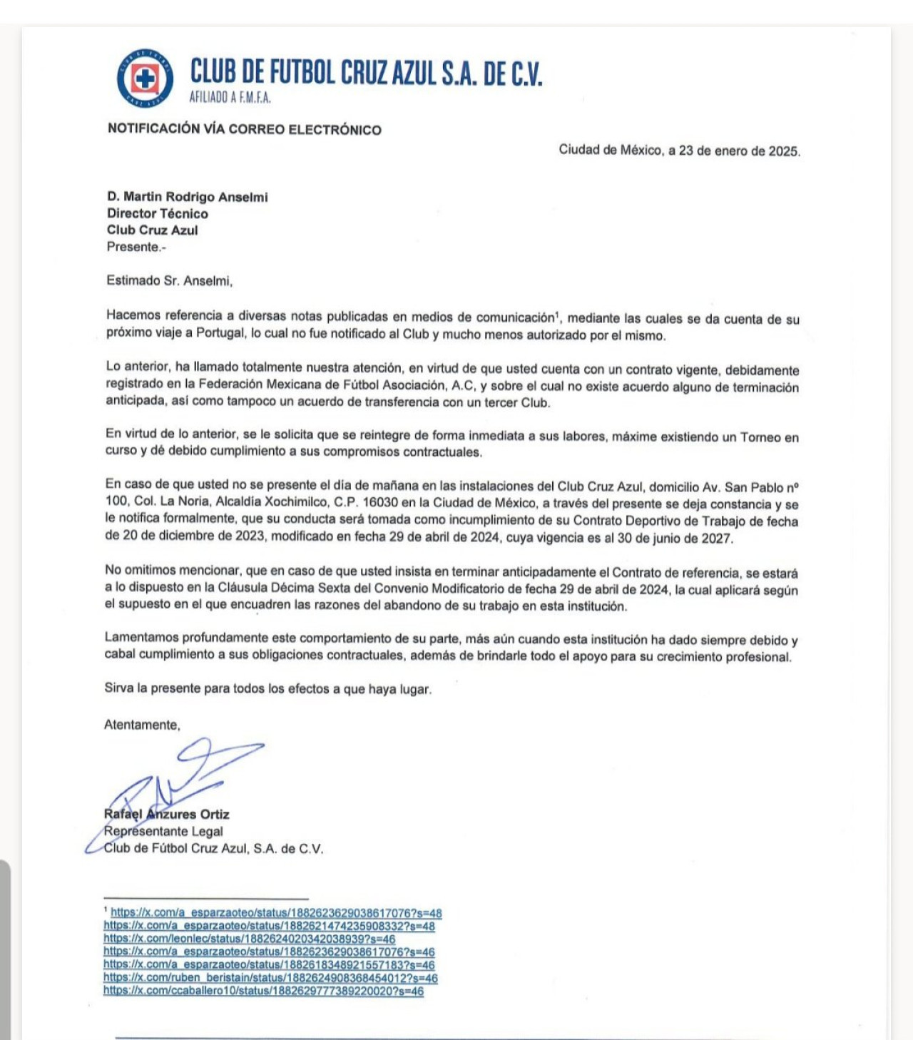 Comunicado del Cruz Azul sobre la situación de Martín Anselmi. Foto: @medranoazteca