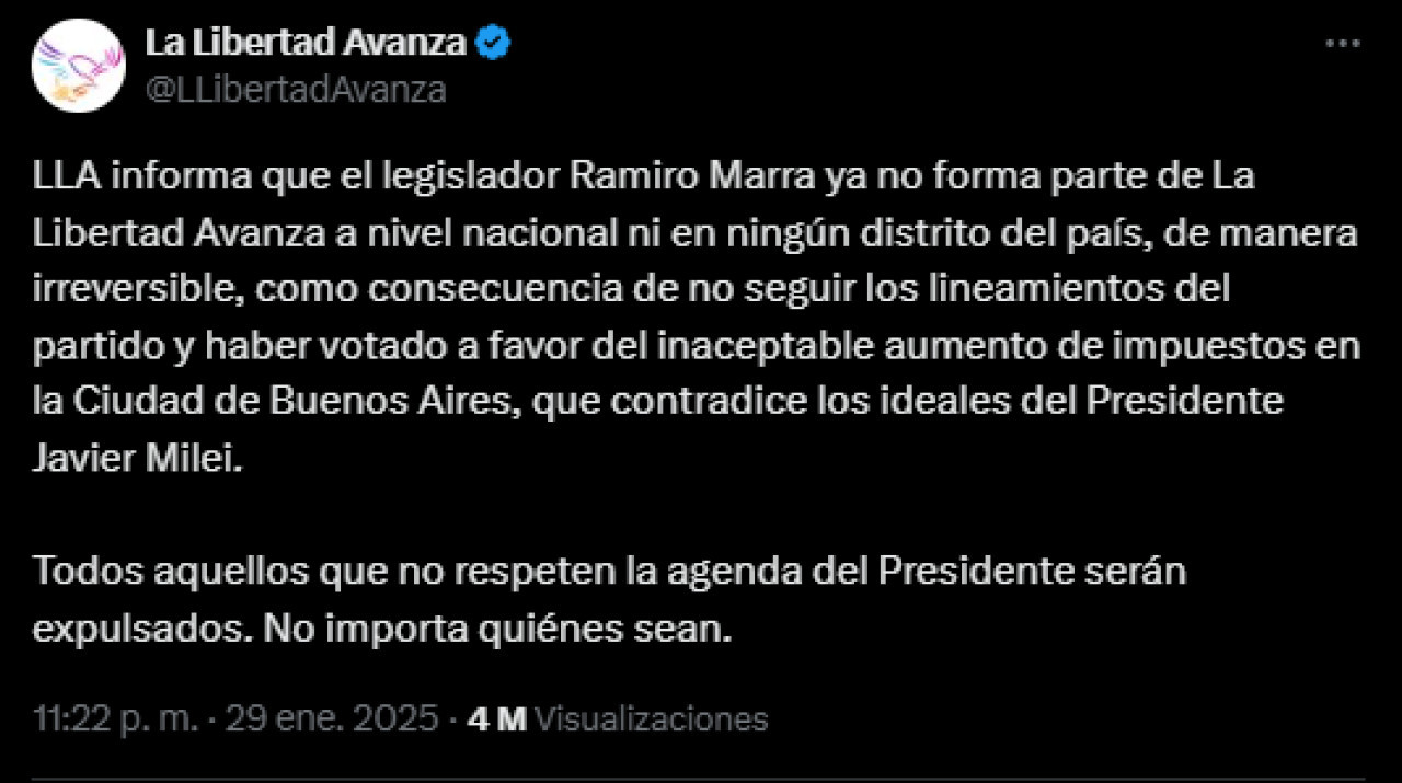 El comunicado de La Libertad Avanza sobre la expulsión de Ramiro Marra. Foto: Captura.