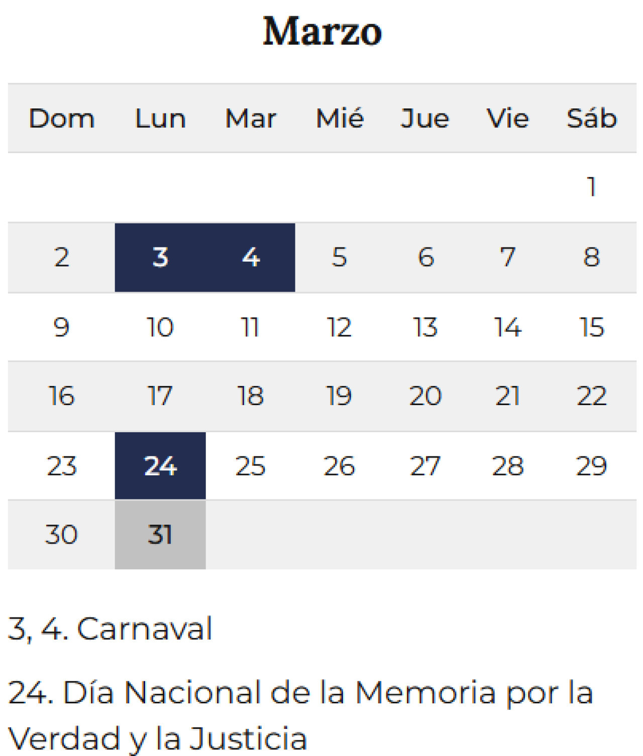 Calendario de feriados de marzo. Foto: Interior