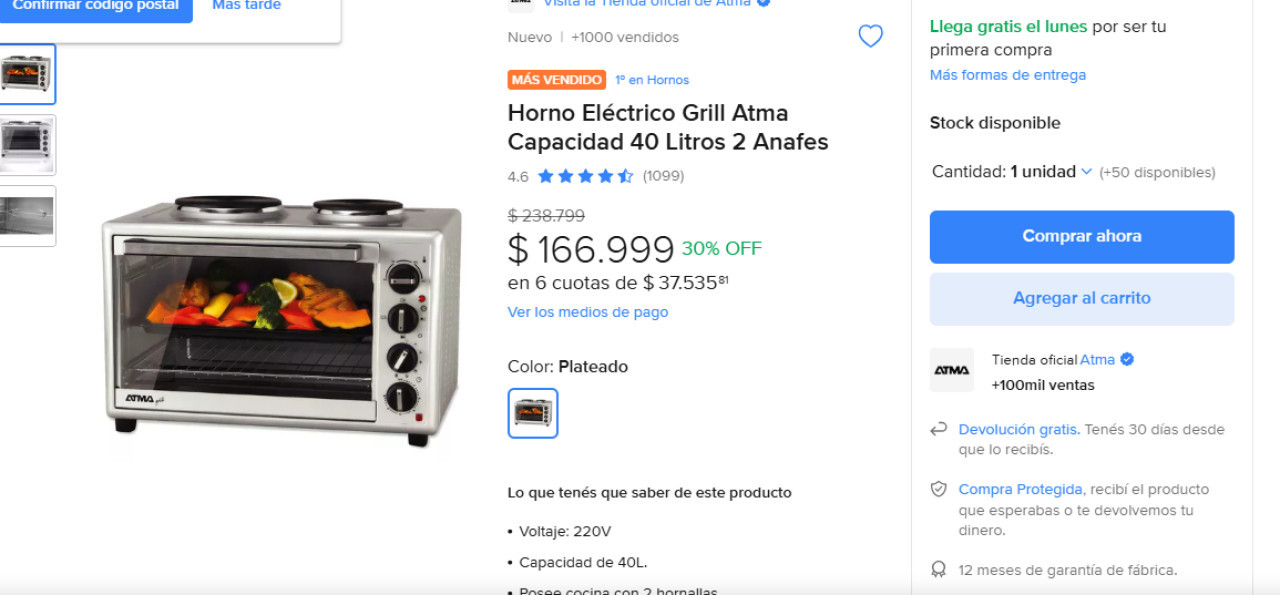 Horno eléctrico Atma. Foto Mercado Libre