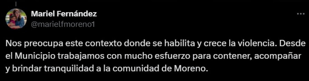 El tuit de Mariel Fernández, intendenta de Moreno.