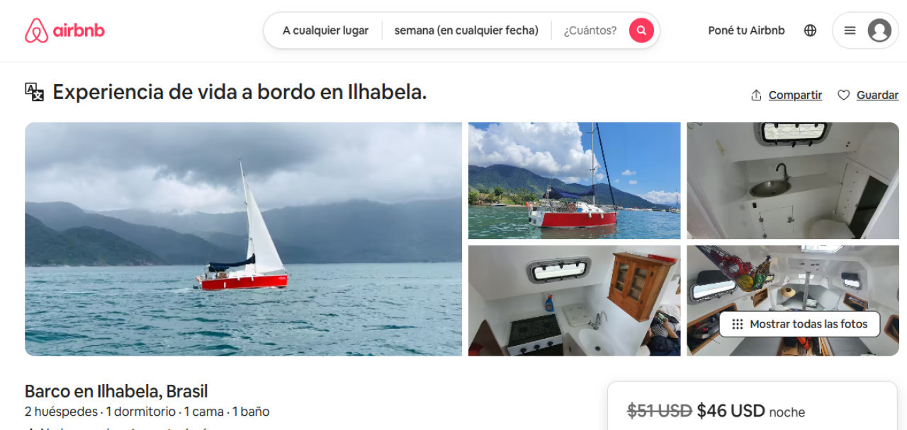 Dormir en barco en las playas de Brasil por 46 dólares la noche para 2 personas. Foto AIRBNB