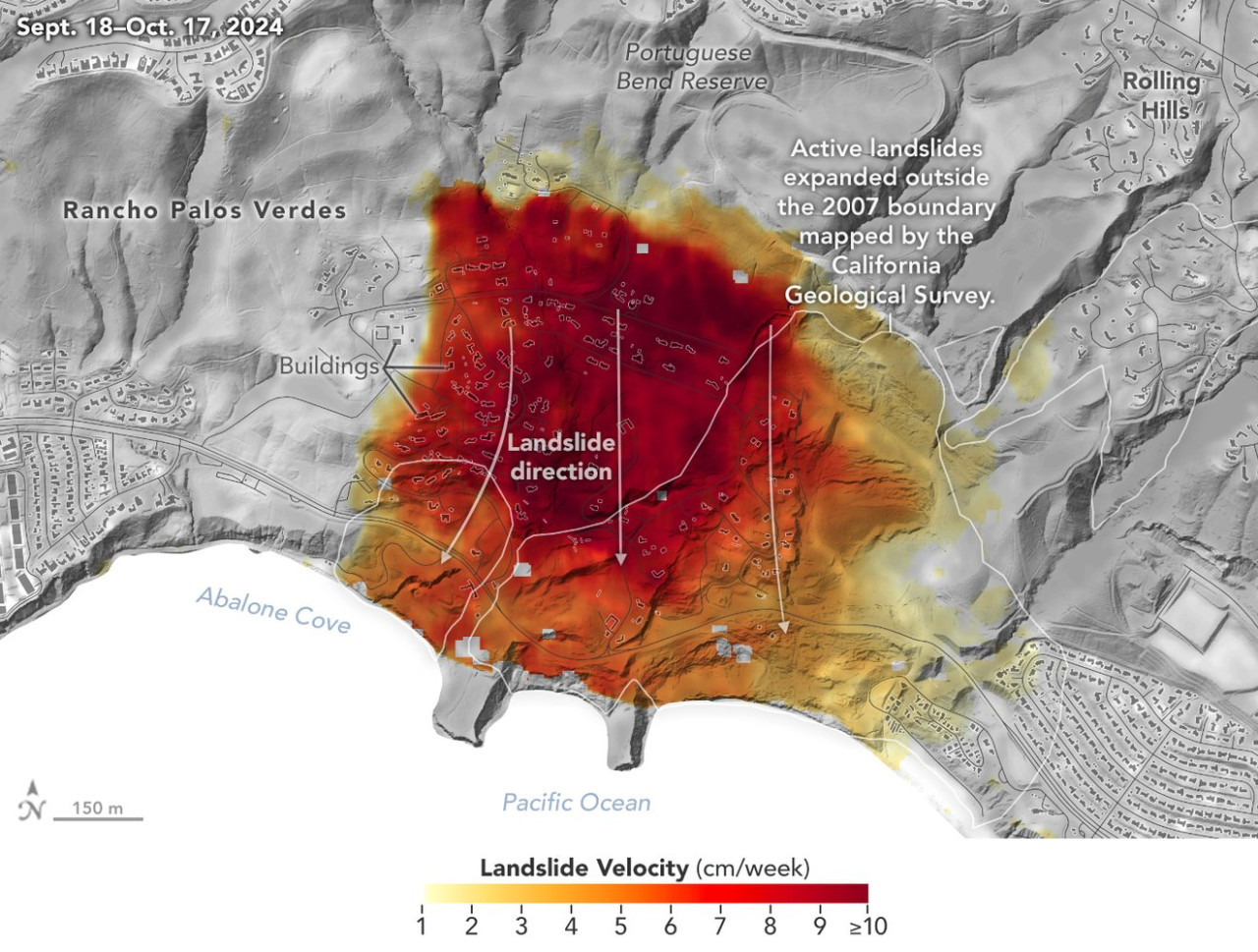 Vista de los deslizamientos de tierra en la península de Palos Verdes. Foto: Jet Propulsion Laboratory (NASA)