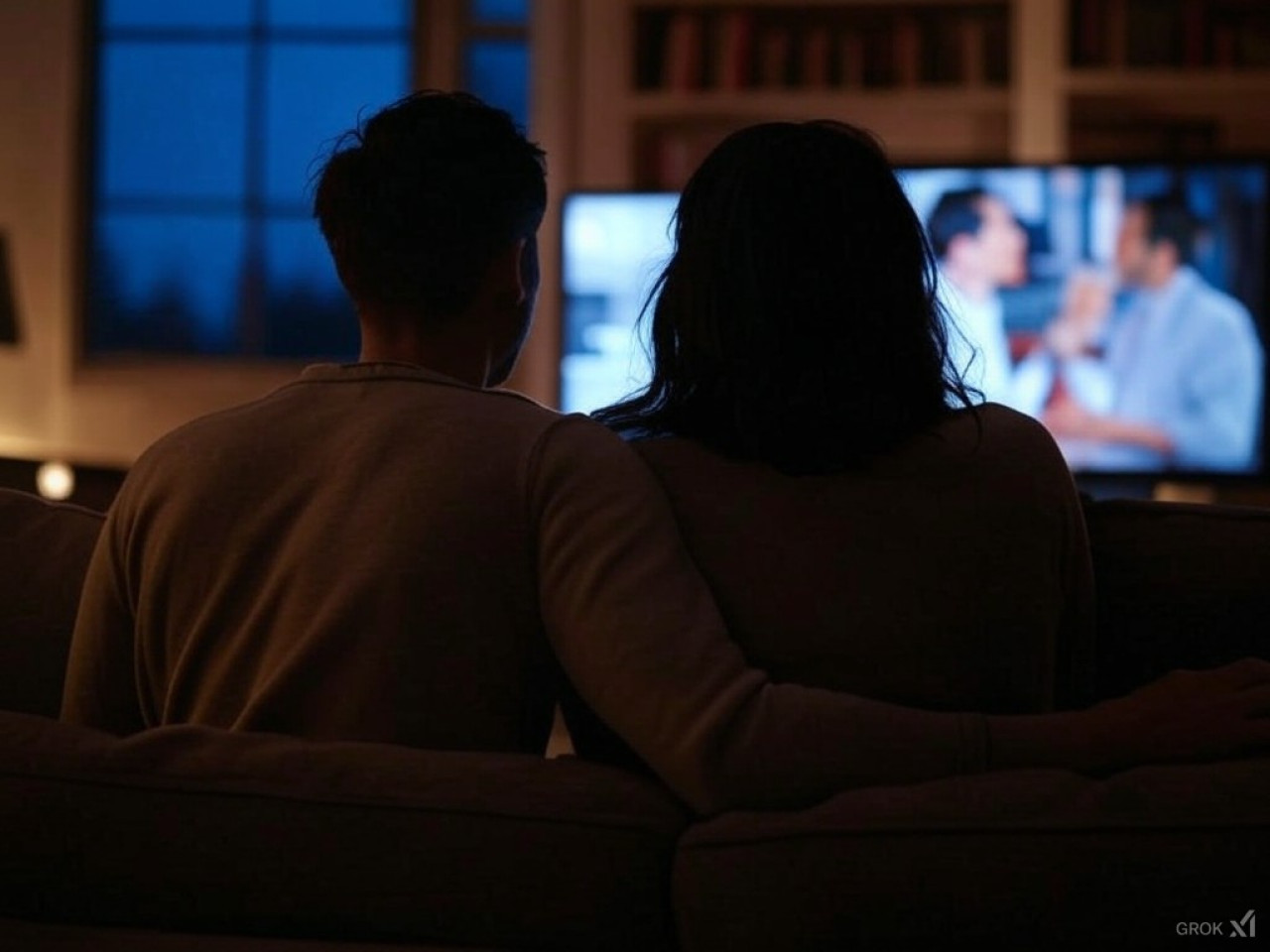 Pareja viendo televisión; San Valentín. Foto: Grok.