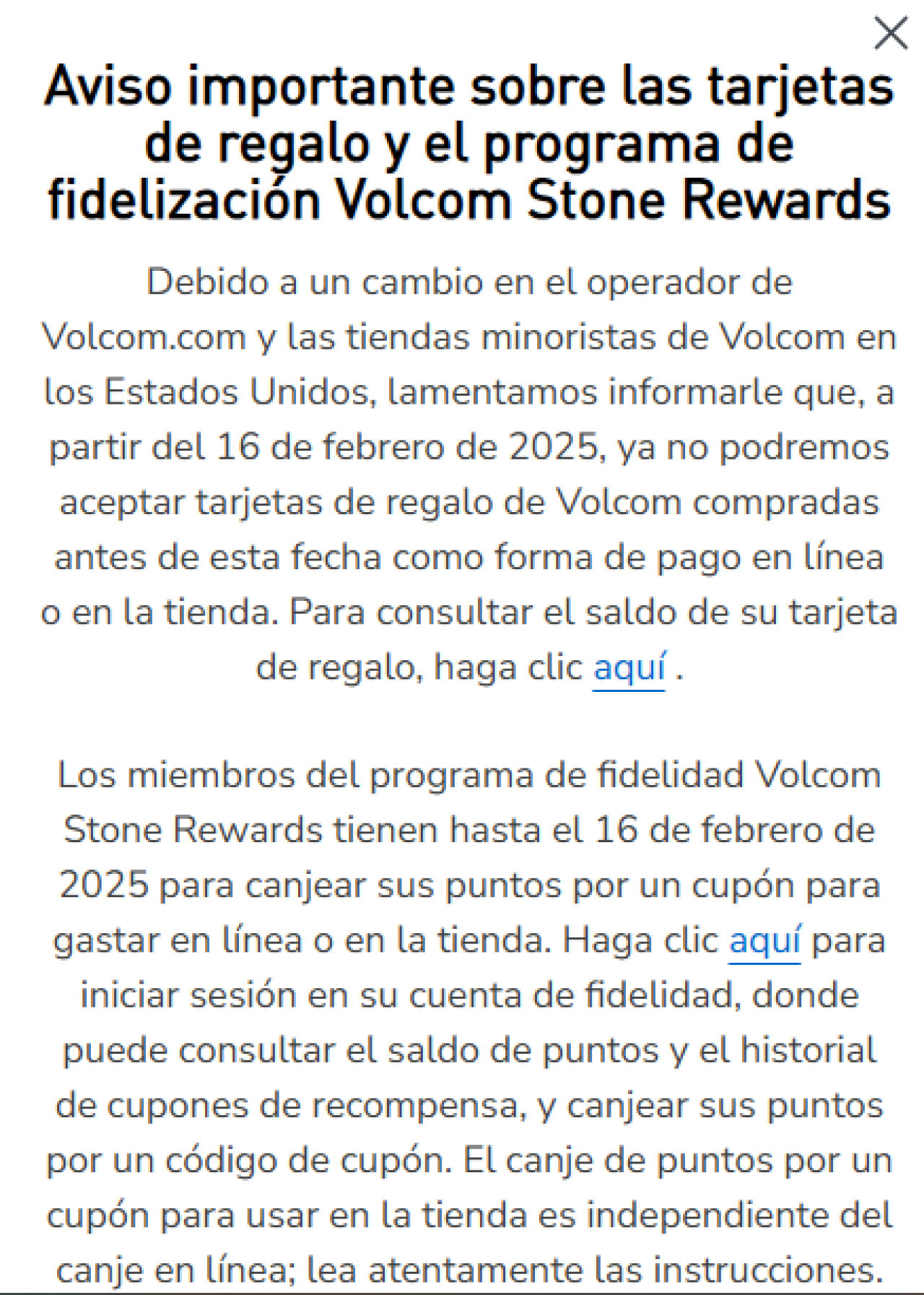 Comunicado de la tienda online de Volcom tras la declaración de quiera en Estados Unidos. Foto: Volcom.com.