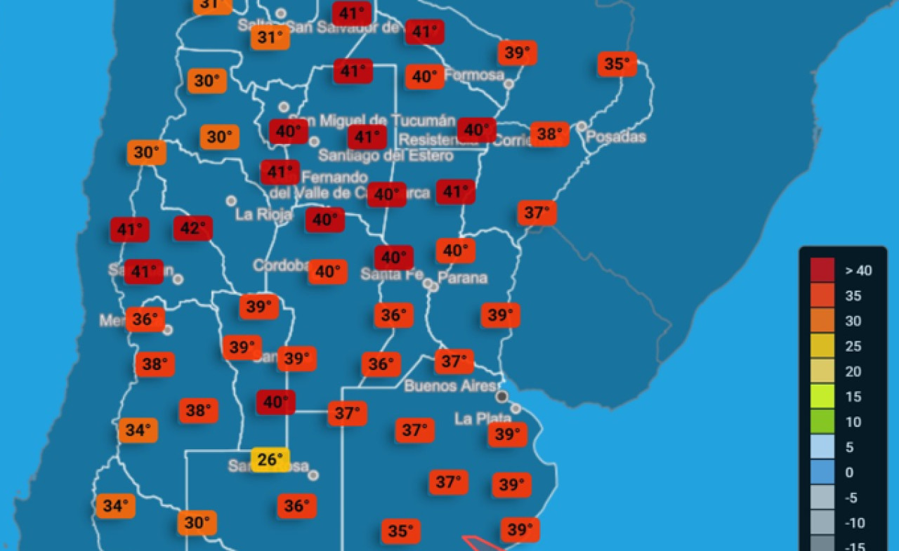 Las ciudades más calurosas de Argentina este lunes 10 de febrero. Foto SMN