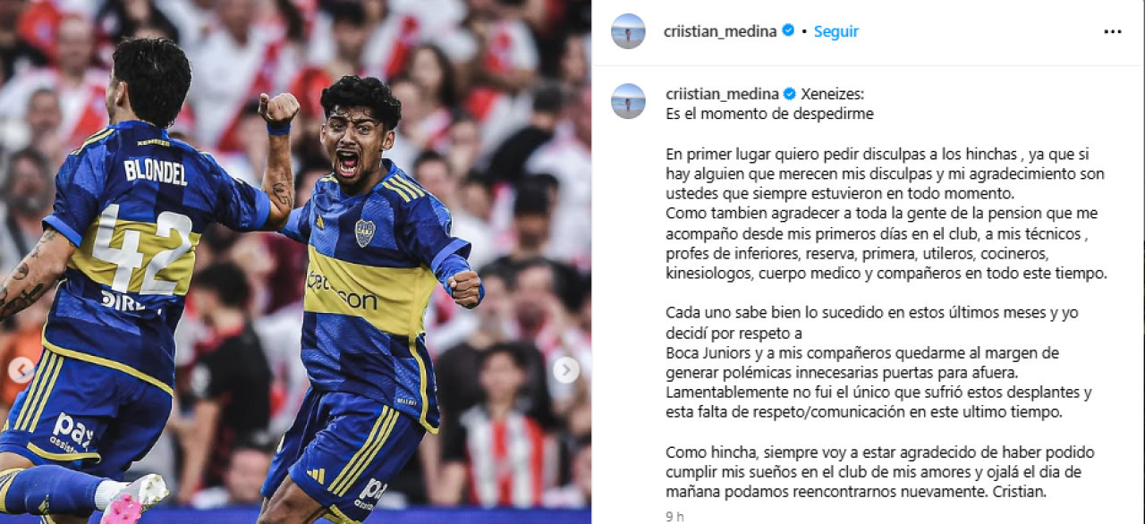 Cristian Medina se despidió de los hinchas de Boca. Foto: Instagram criistian_medina.