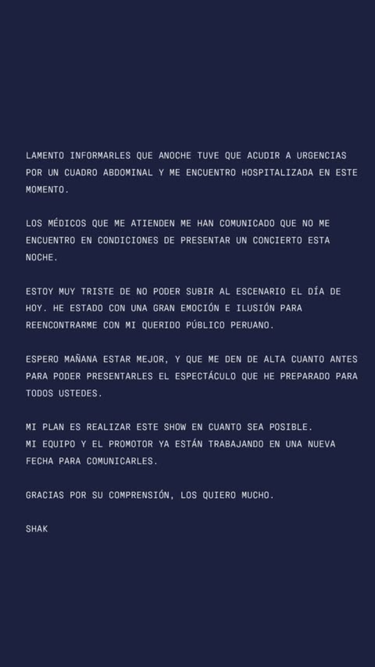 El comunicado de Shakira tras cancelar sus shows en Lima. Foto: Instagram @shakira.