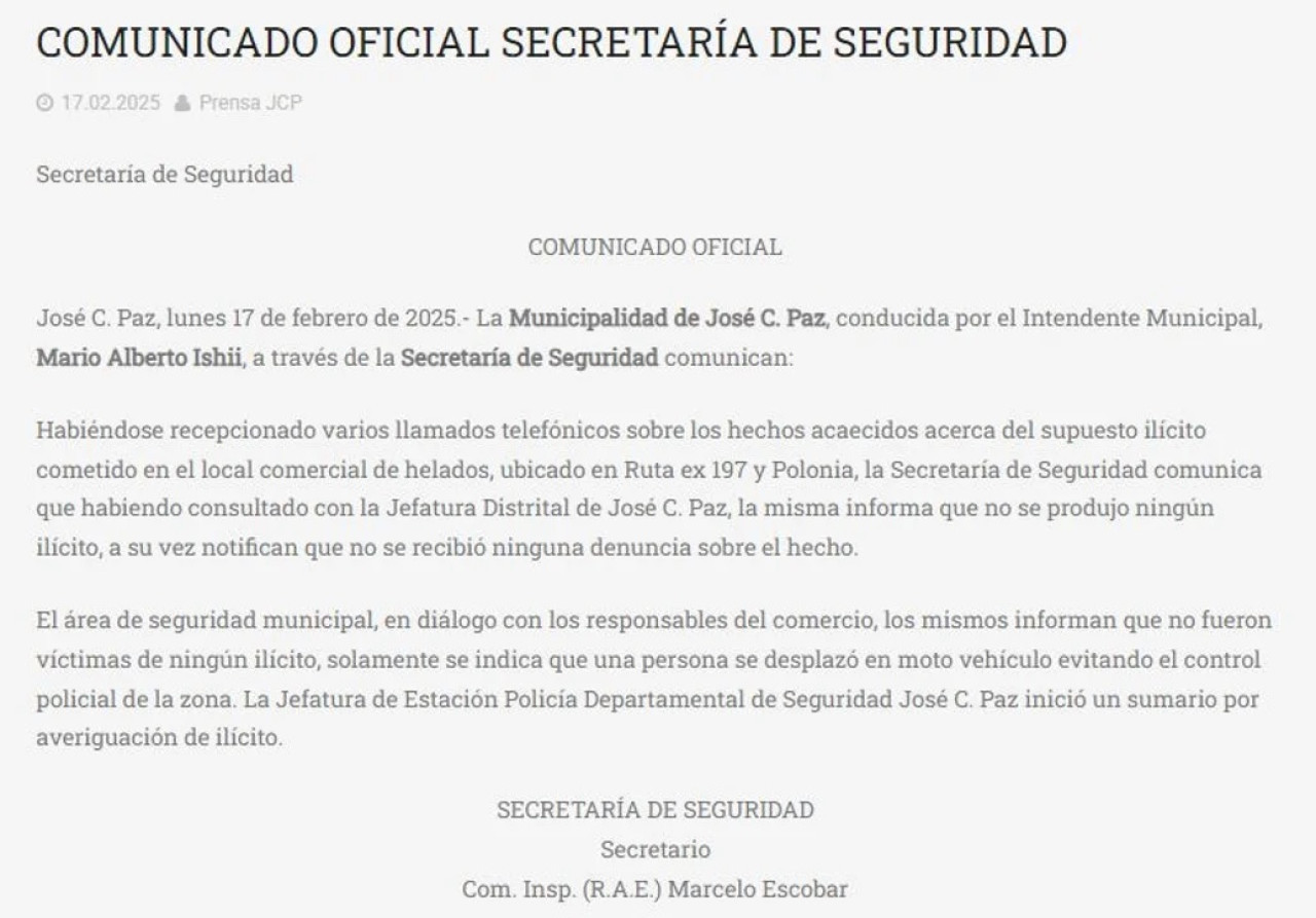 El comunicado oficial de la Secretaría de Seguridad de José Carlos Paz. Foto: NA.