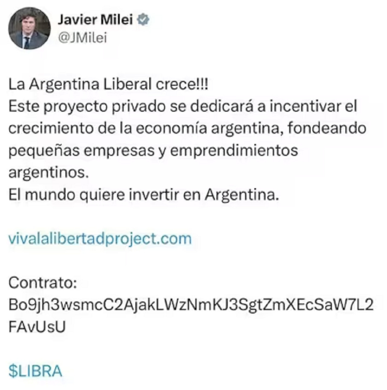 Tuit de Javier Milei sobre la criptomoneda $LIBRA.