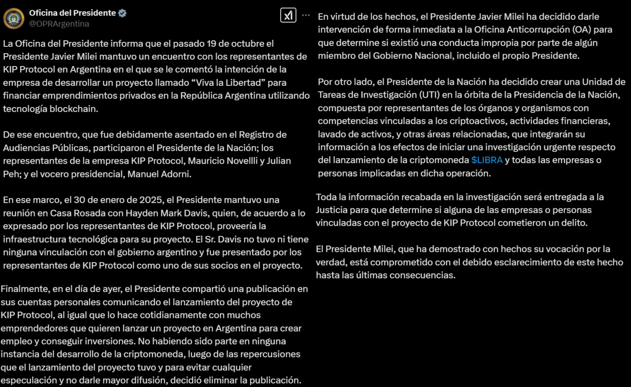 Tuit de la Oficina del Presidente sobre la criptomoneda $LIBRA.