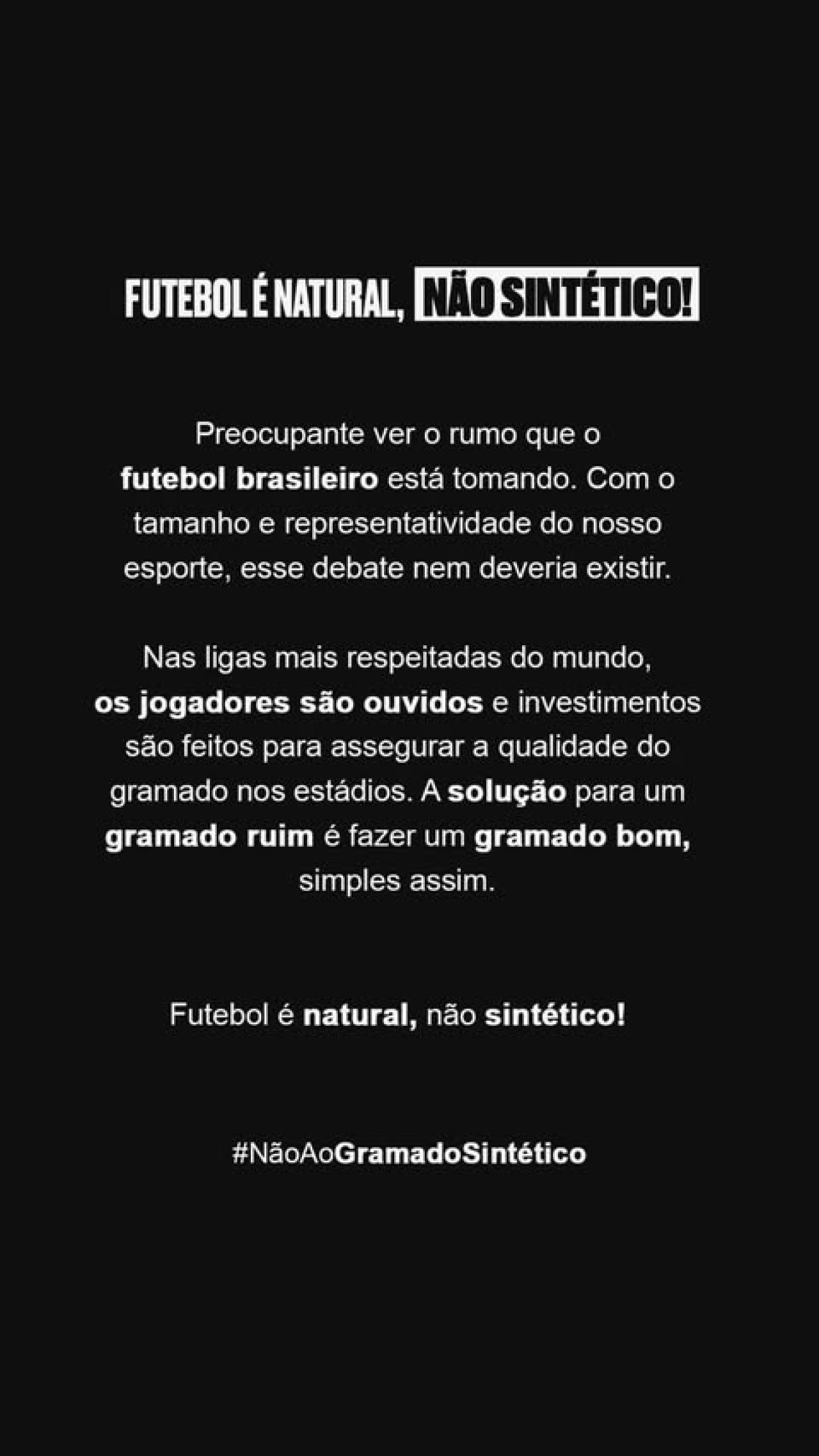 Comunicado de Gabigol contra los césped sintéticos de Brasil. Foto: @gabigol.