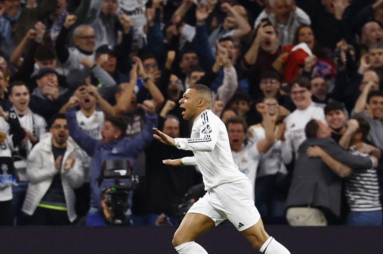 Festejo de Kylian Mbappé en el Real Madrid. Foto: REUTERS.