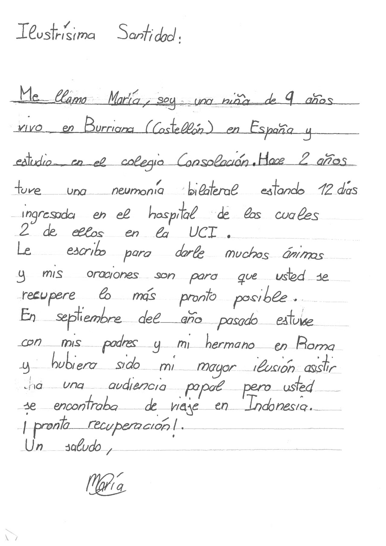 Carta de María, niña española que sufrió neumonía bilateral, al Papa Francisco.