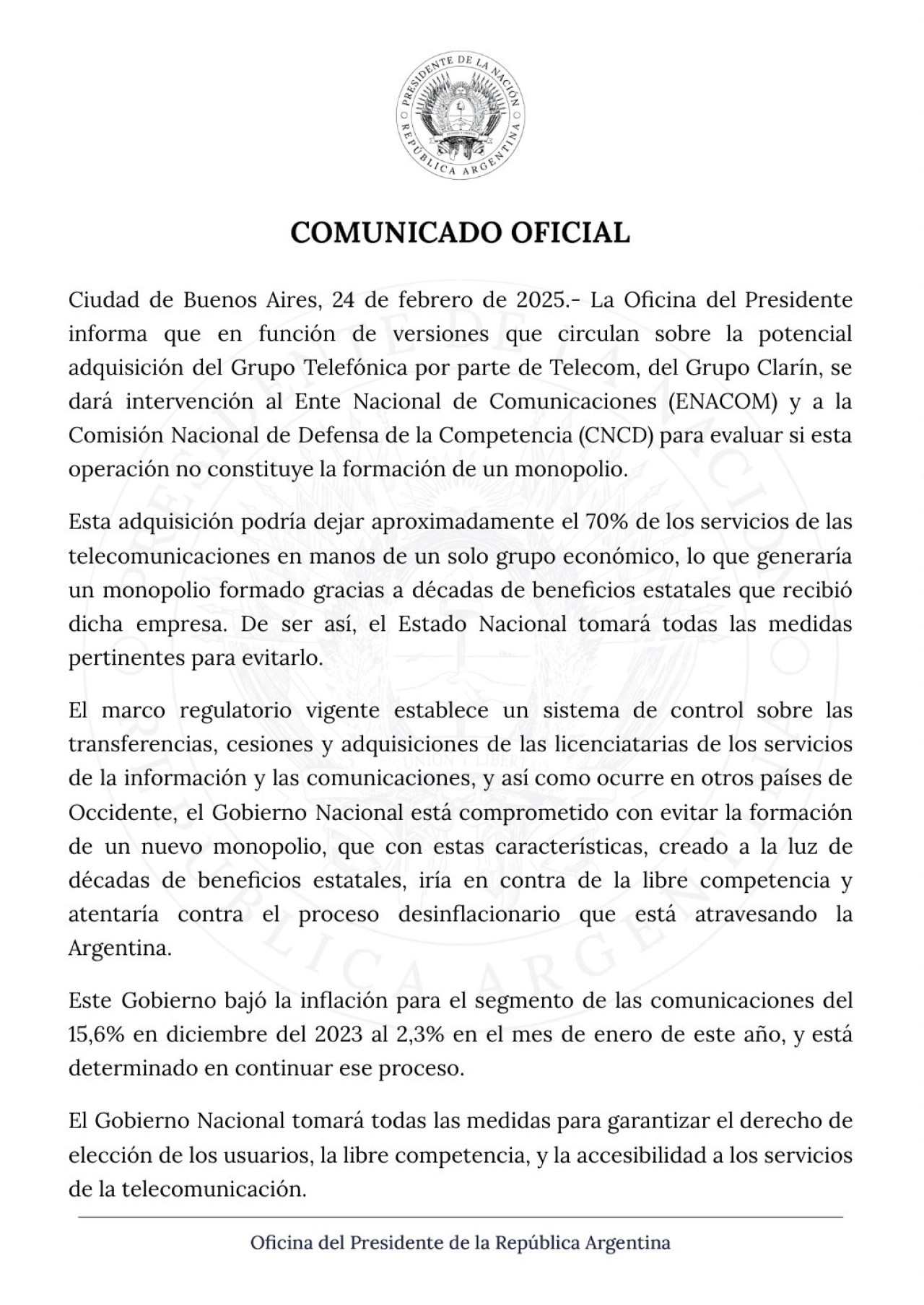 El comunicado del Gobierno sobre Telefónica.