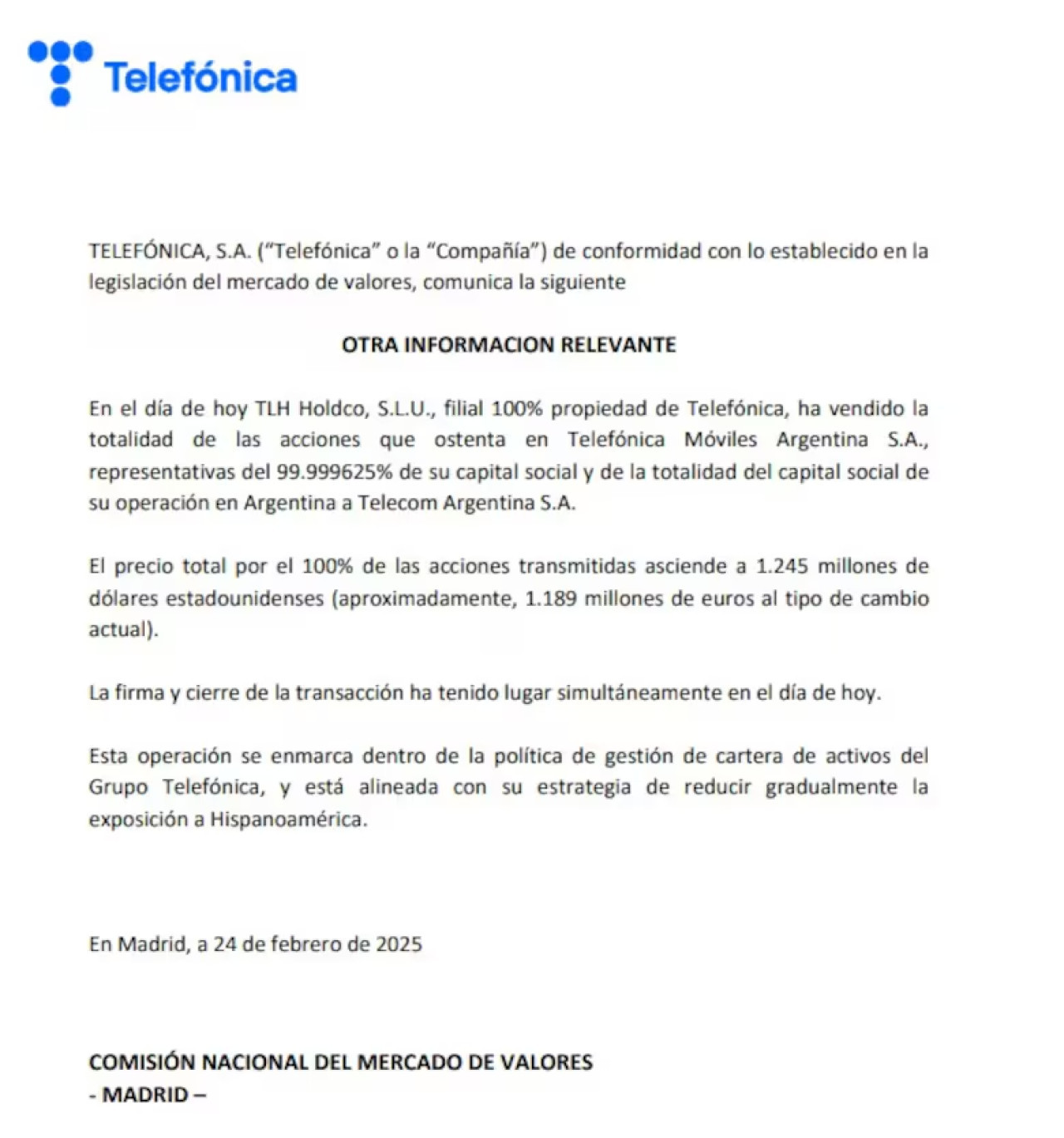 El comunicado de Telefónica.