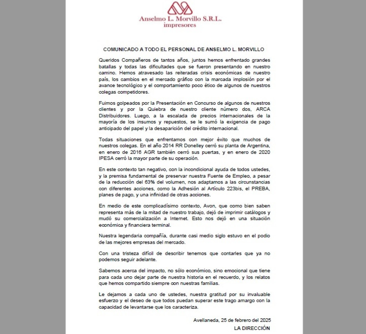 Comunicado Anselmo L.Morvillo S.R.L.