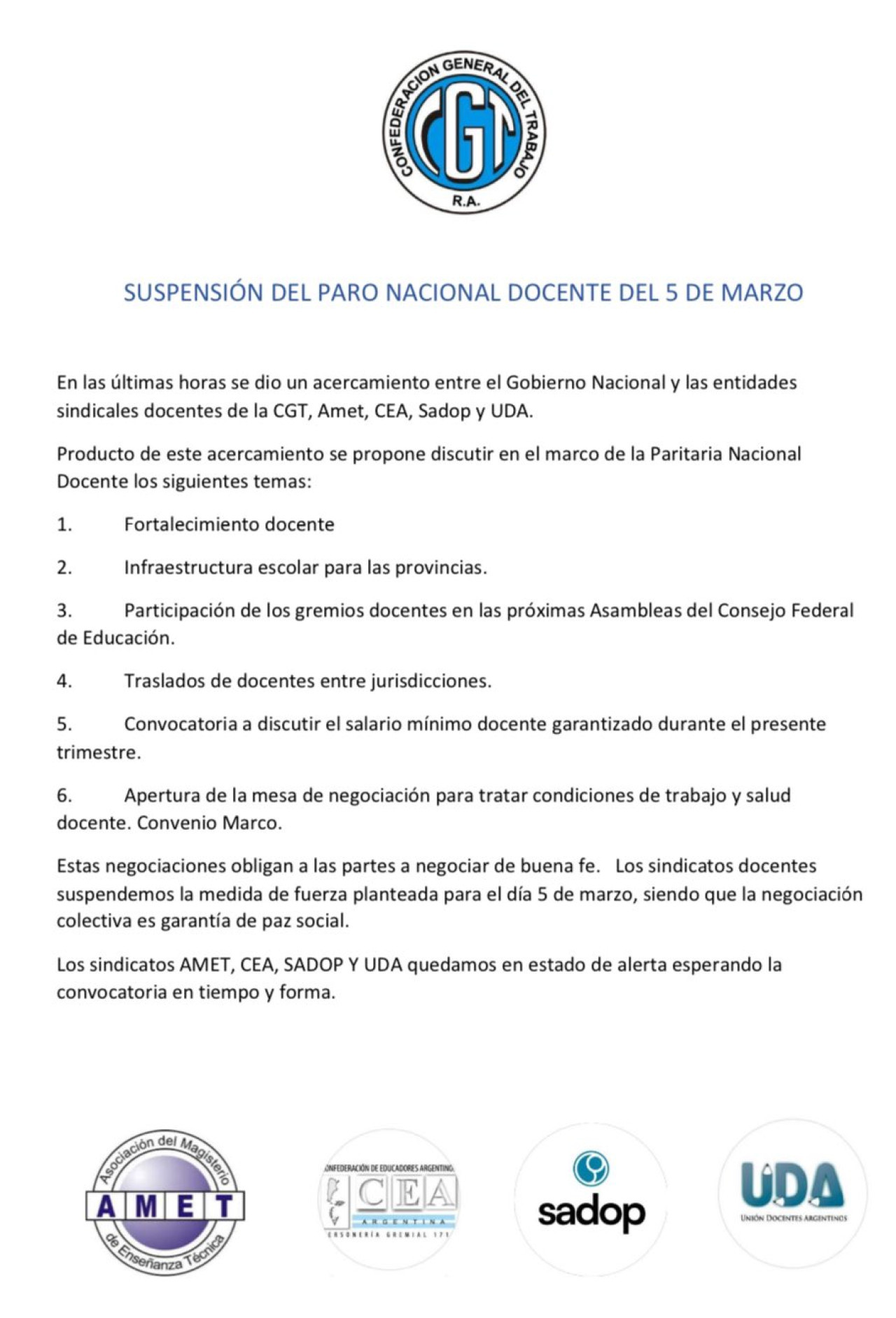 Se suspendió el paro docente del 5 de marzo