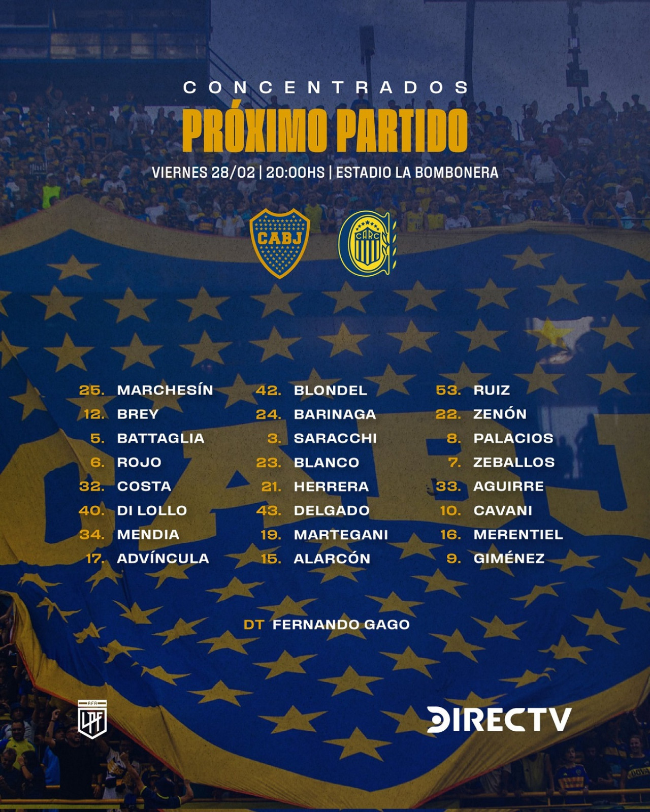 La lista de convocados de Boca para recibir a Central. Foto: X @BocaJrsOficial.