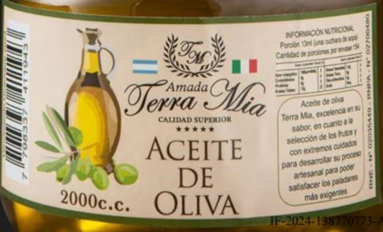 Uno de los aceites de oliva prohibido por ANMAT. Foto: ANMAT