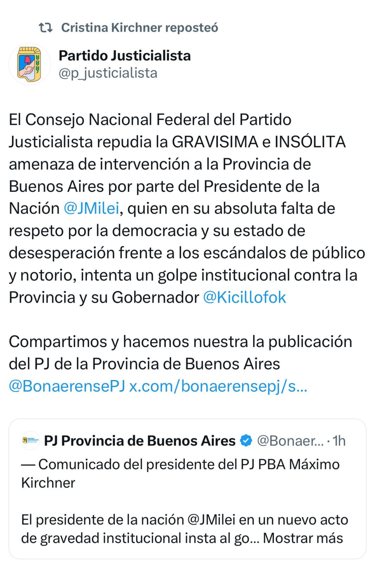 Mensaje del Partido Justicialista y reposteo de Cristina Kirchner tras los dichos de Milei sobre la Provincia.