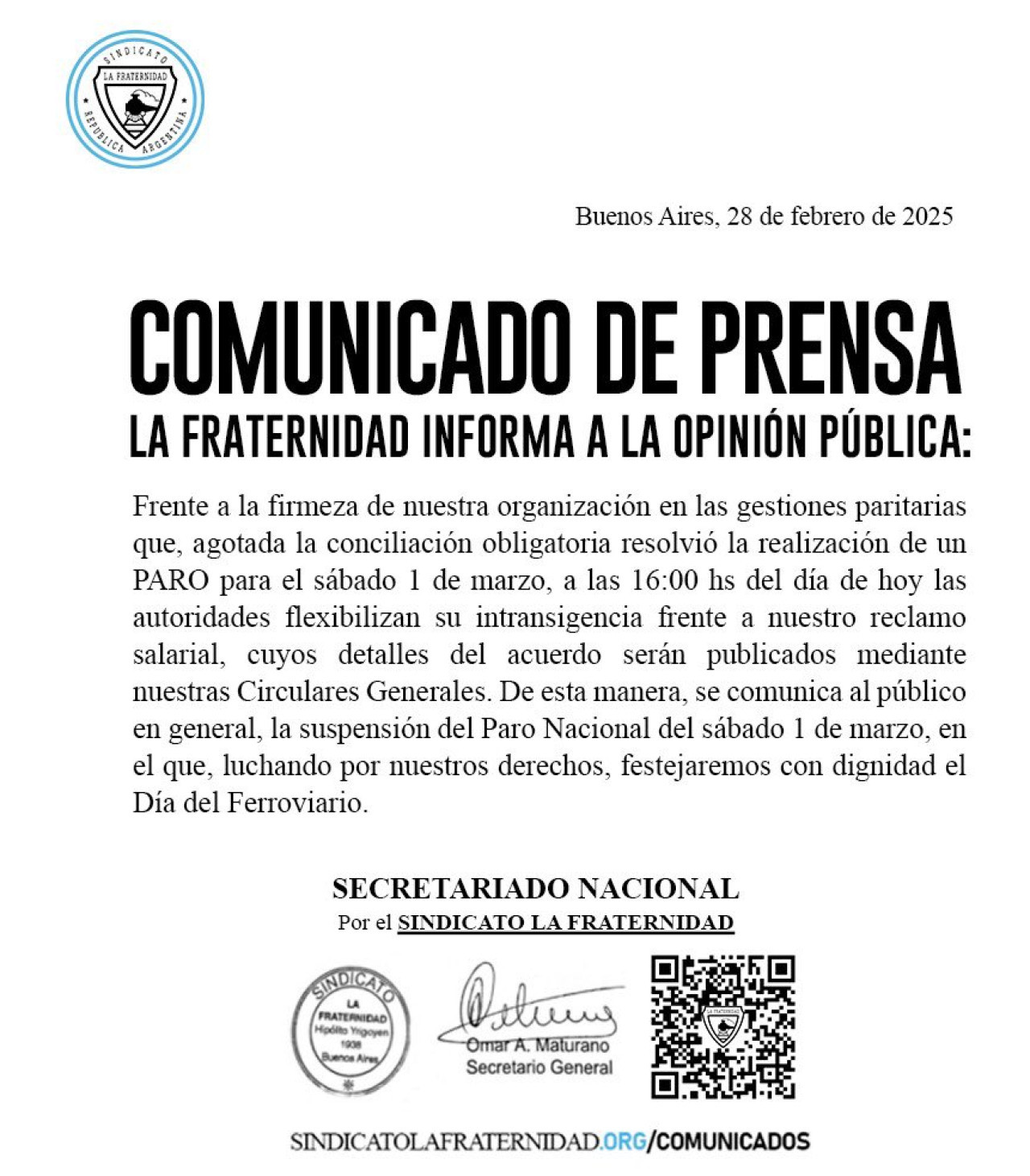 La Fraternidad suspendió el paro de trenes para este sábado 1° de marzo