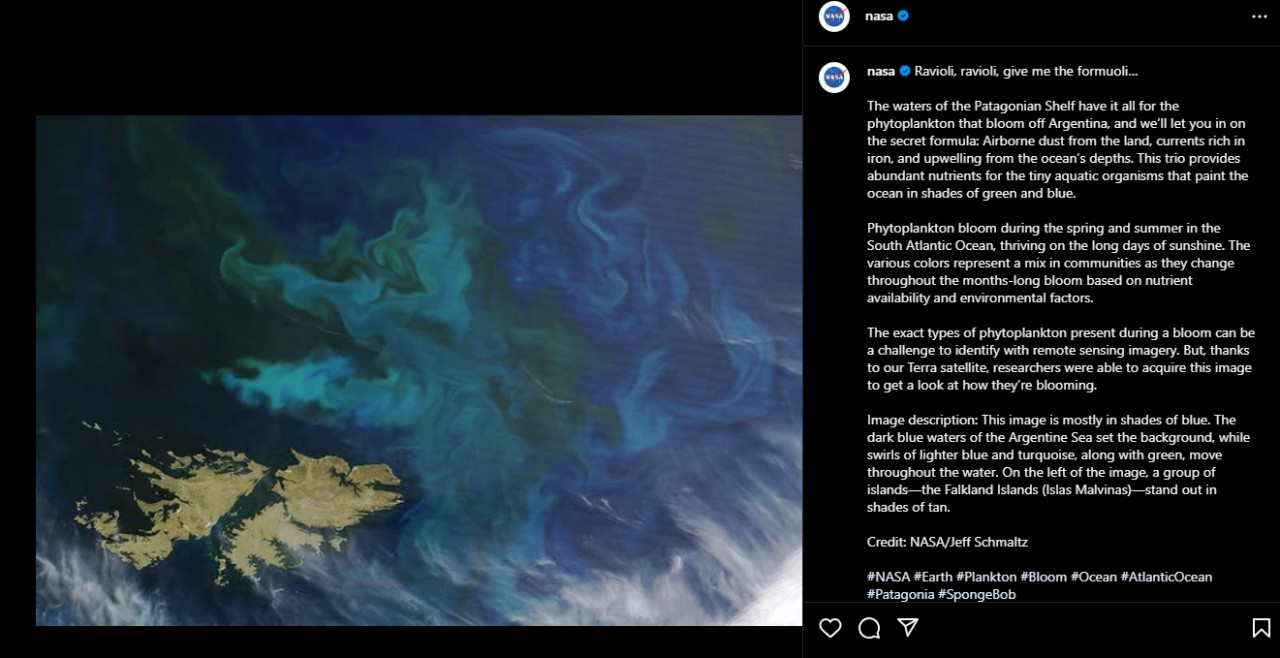 El posteo de la NASA sobre las Islas Malvinas. Foto: captura Instagram