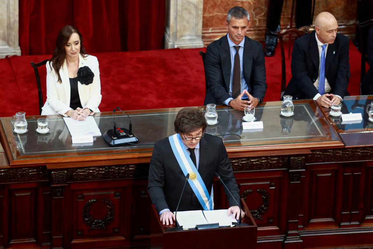 Javier Milei, apertura de sesiones ordinarias en el Congreso. Foto: Reuters/Matias Baglietto