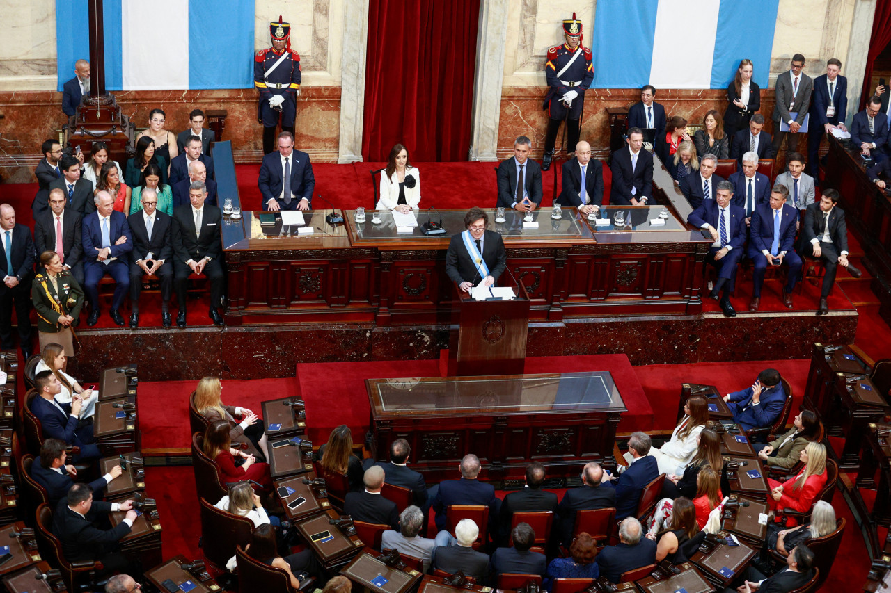 Javier Milei, apertura de sesiones ordinarias en el Congreso. Foto: Reuters/Matias Baglietto