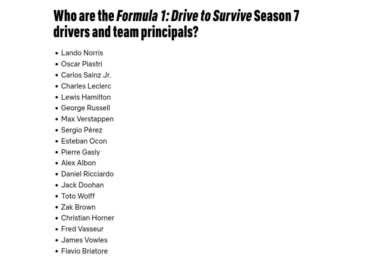 Lista de pilotos y jefes de equipo que participarán en la séptima temporada de Drive to Survive.