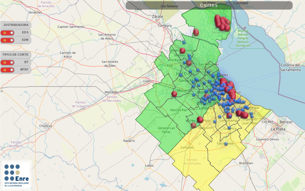 Mapa de cortes de luz en el AMBA. Foto: ENRE.