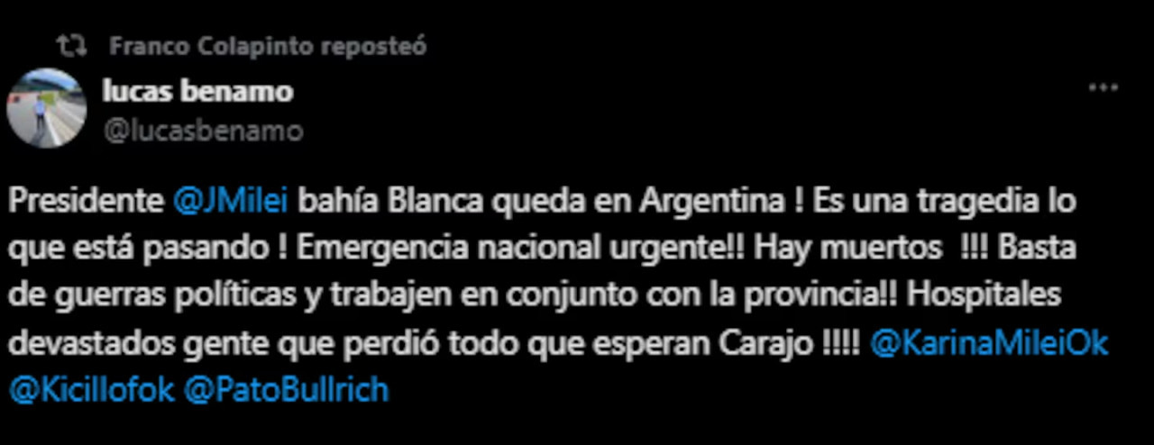 La mención a la tragedia de Bahía Blanca en la cuenta de X de Colapinto