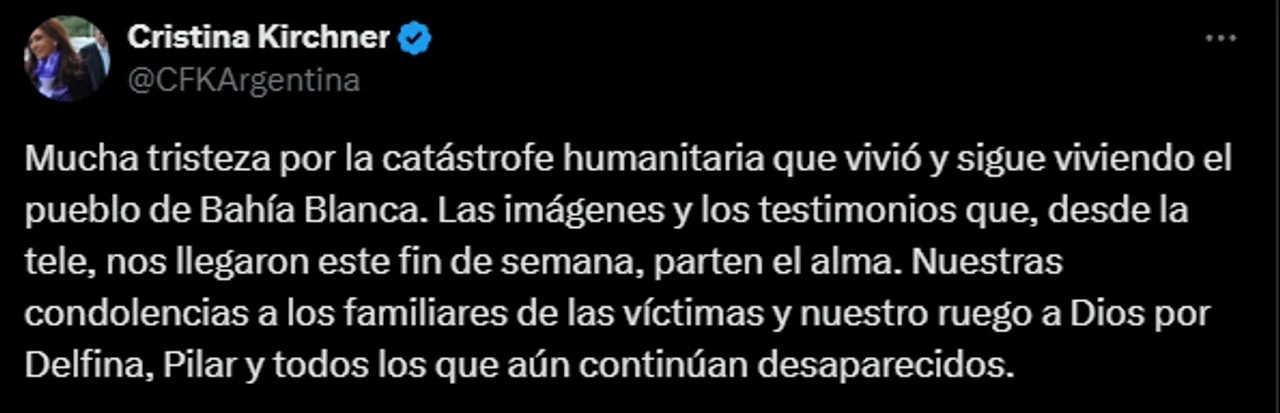 Cristina Kirchner expresó su tristeza por la tragedia en Bahía Blanca. NA