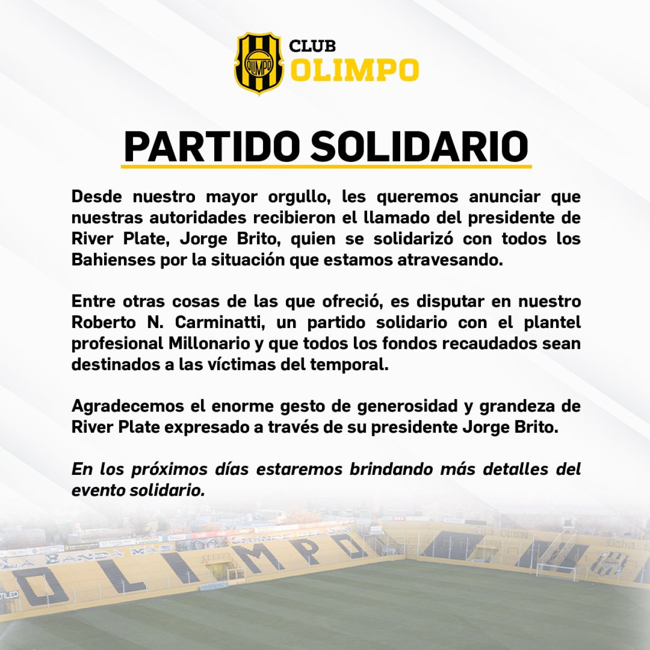 La información sobre el partido solidario entre River y Olimpo de Bahía Blanca. Foto: X @Olimpo_Oficial