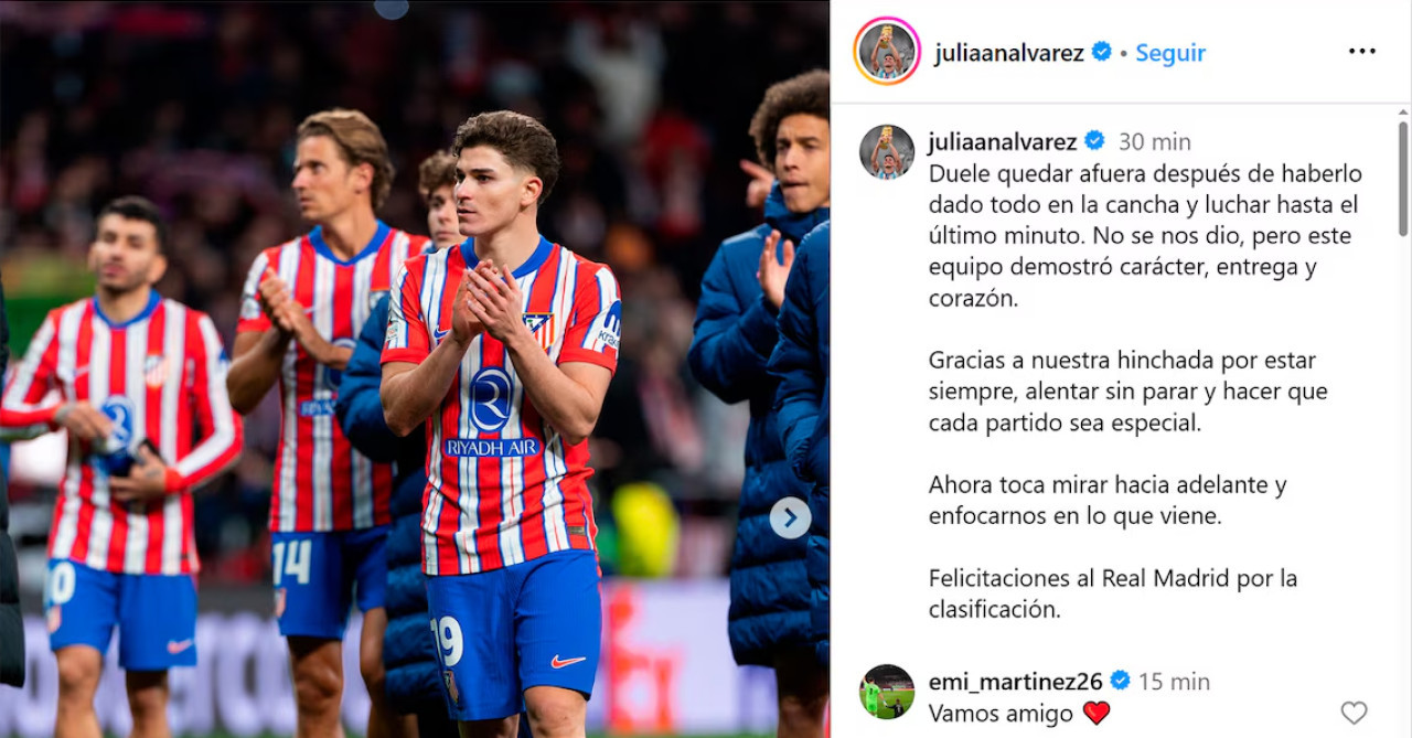 El posteo de Julián Álvarez tras la derrota del Atlético de Madrid. Foto: Instagram @juliaanalvarez