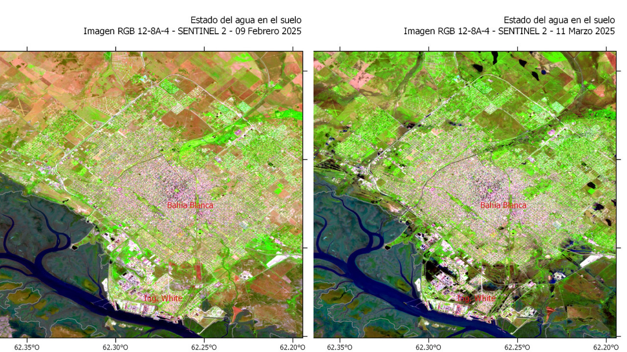 El antes y después del temporal en Bahía Blanca. Fotos: SMN.