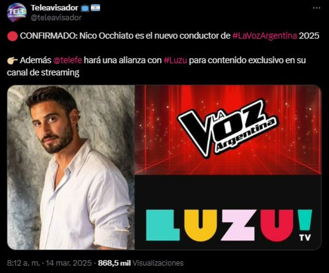 Nicolás Occhiato será el conductor de "La Voz Argentina 2025". Foto: X @LaVozArgentina