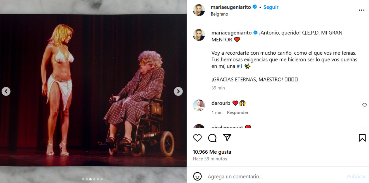 María Eugenia Ritó despidió a Antonio Gasalla. Foto: Instagram.