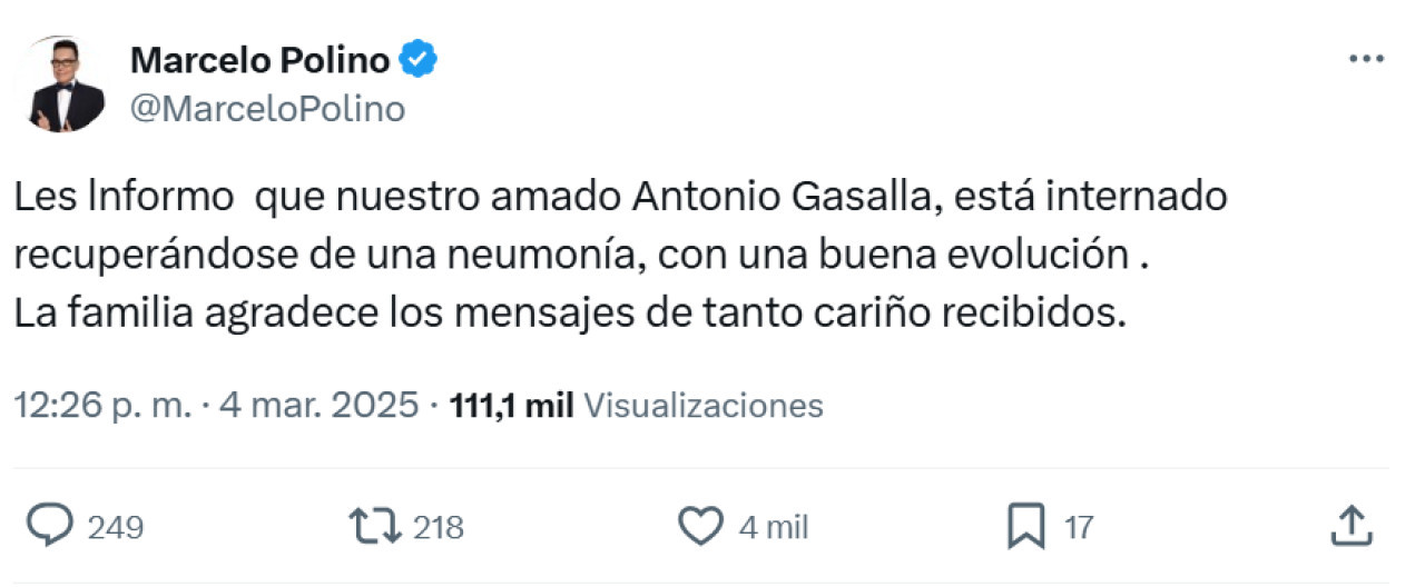 La información de Polino semanas atrás sobre la salud de Gasalla. Foto: X.