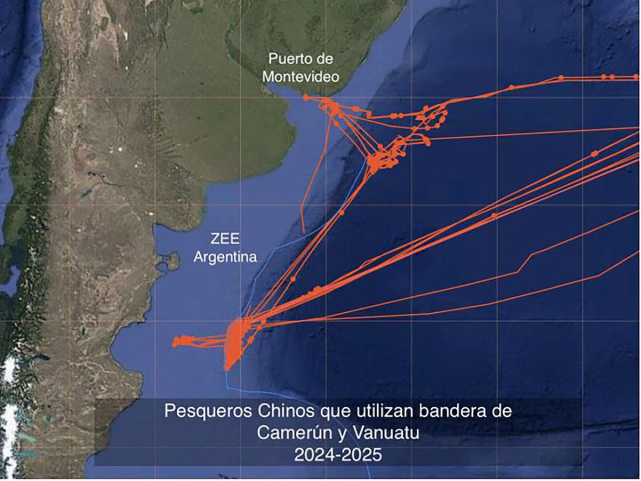 El derrotero de los buques chinos con "bandera de conveniencia" de Vanuatu y Camerún.