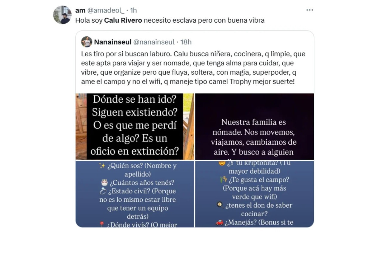 Calu Rivero abrió una convocatoria para encontrar una "niñera nomade". Redes Sociales