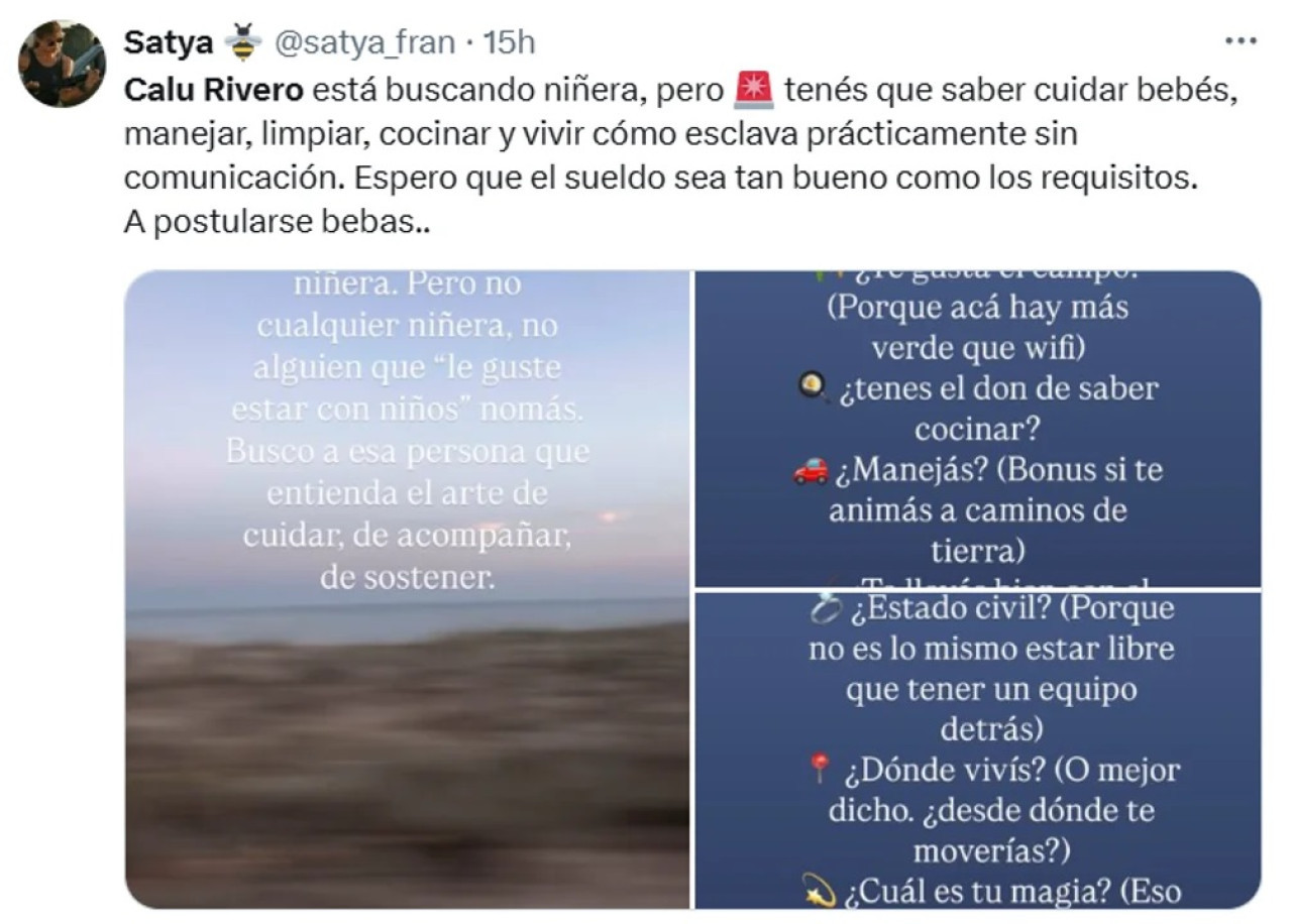 Calu Rivero abrió una convocatoria para encontrar una "niñera nomade". Redes Sociales