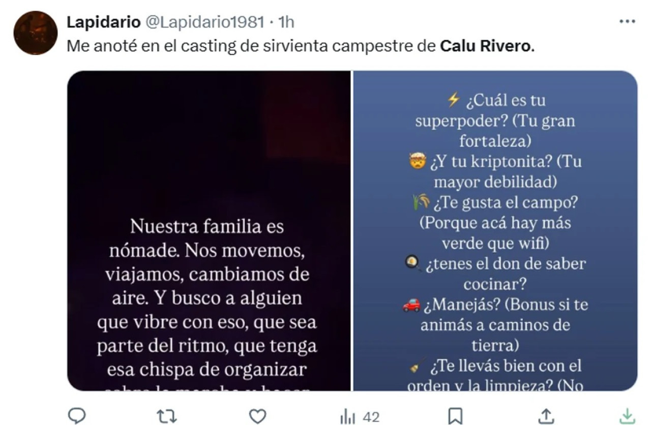 Calu Rivero abrió una convocatoria para encontrar una "niñera nomade". Redes Sociales