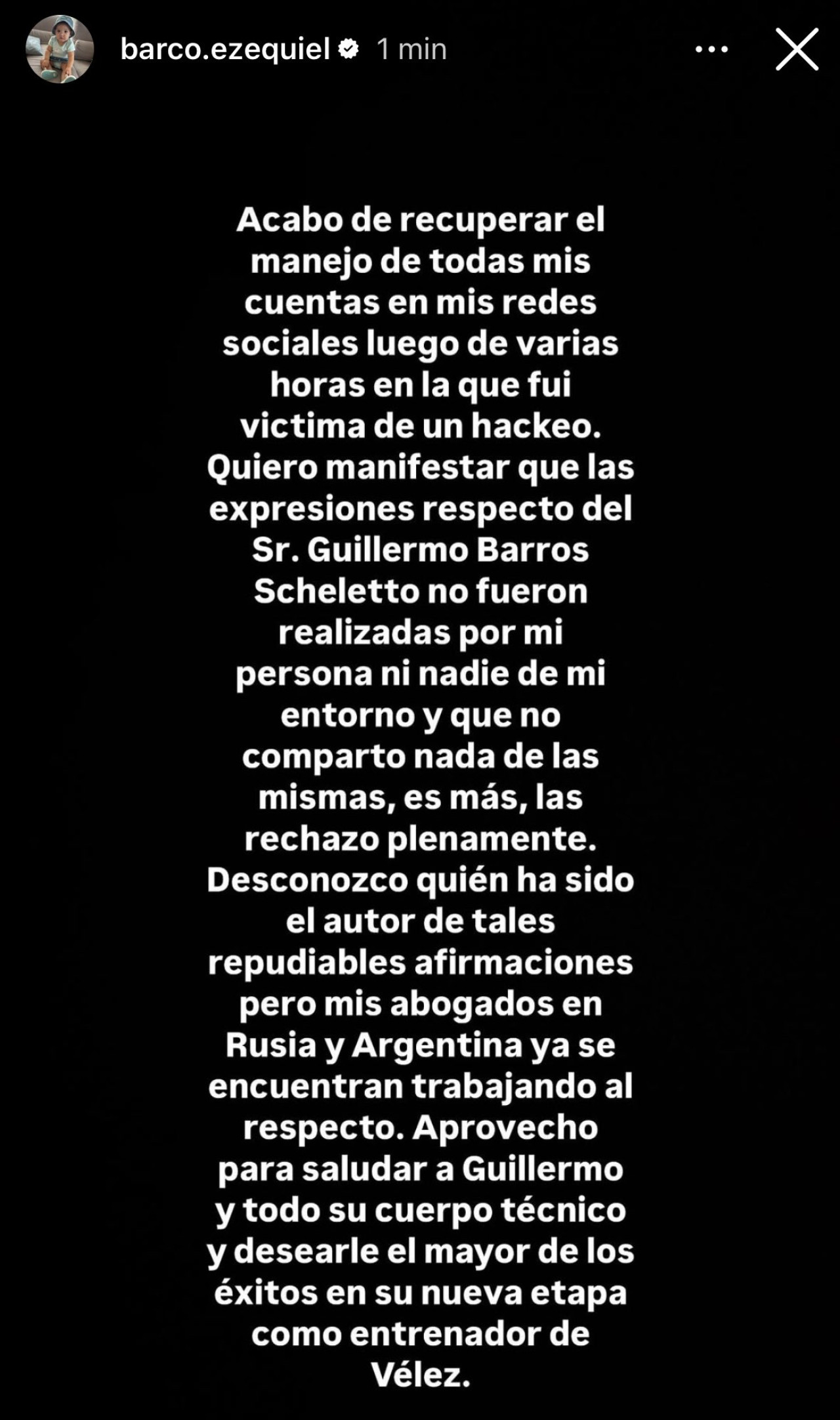 Descargo de Esequiel Barco tras los insultos desde su cuenta de Instagram a Guillermo Barros Schelotto. Foto: @barco.ezequiel.