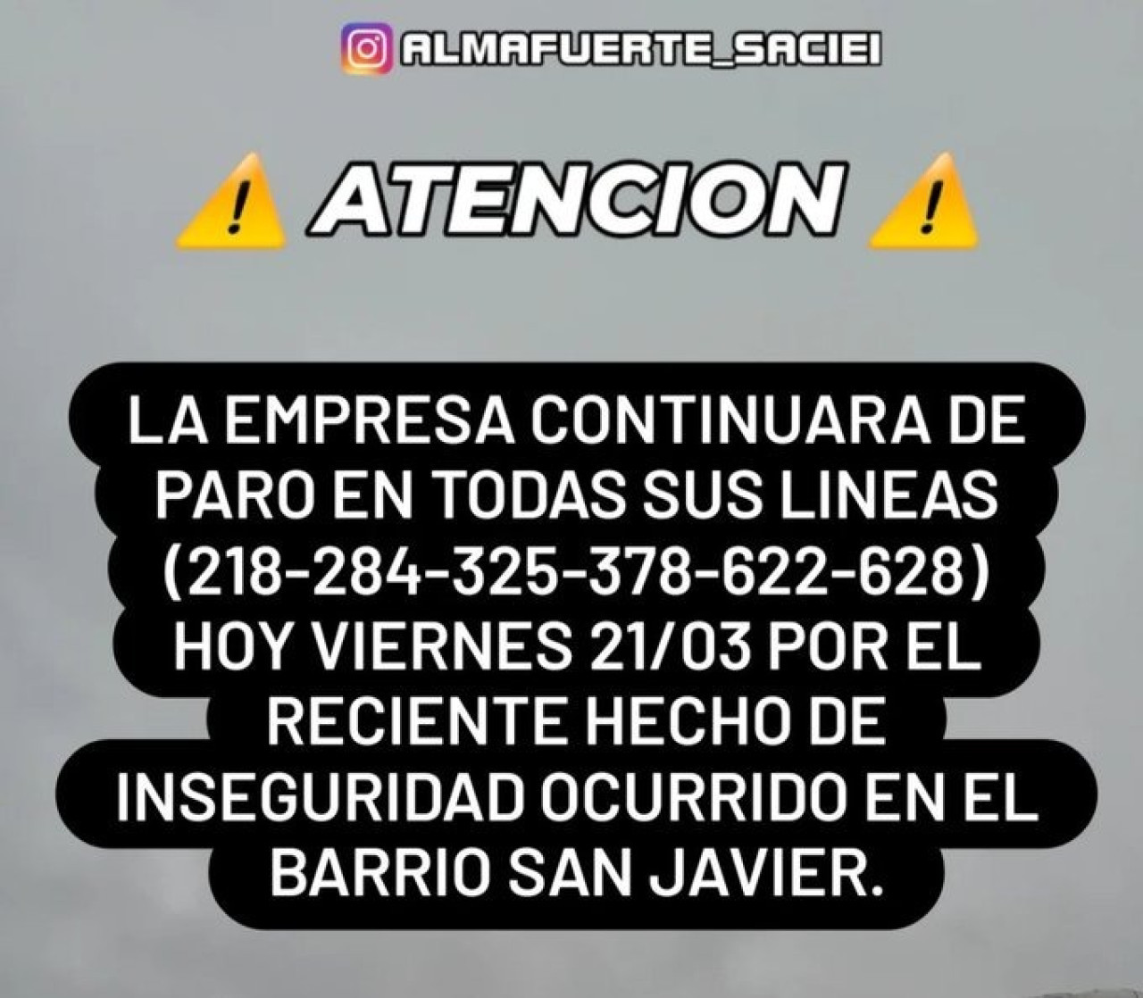 Paro en seis líneas de colectivo. Foto: Instagram Almafuerte_saciei.