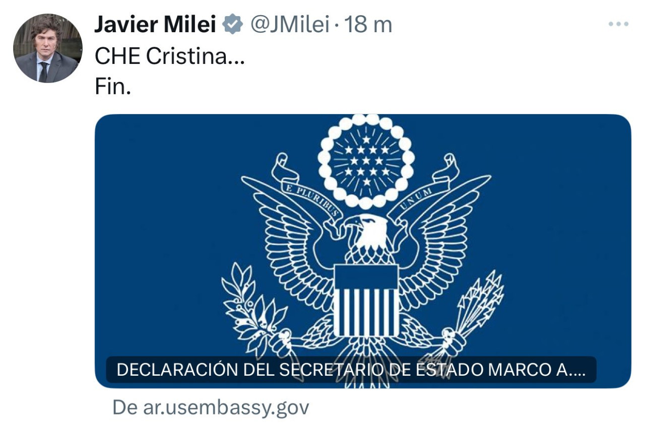 La reacción de Javier Milei a las sanciones contra Cristina Kirchner en EEUU.