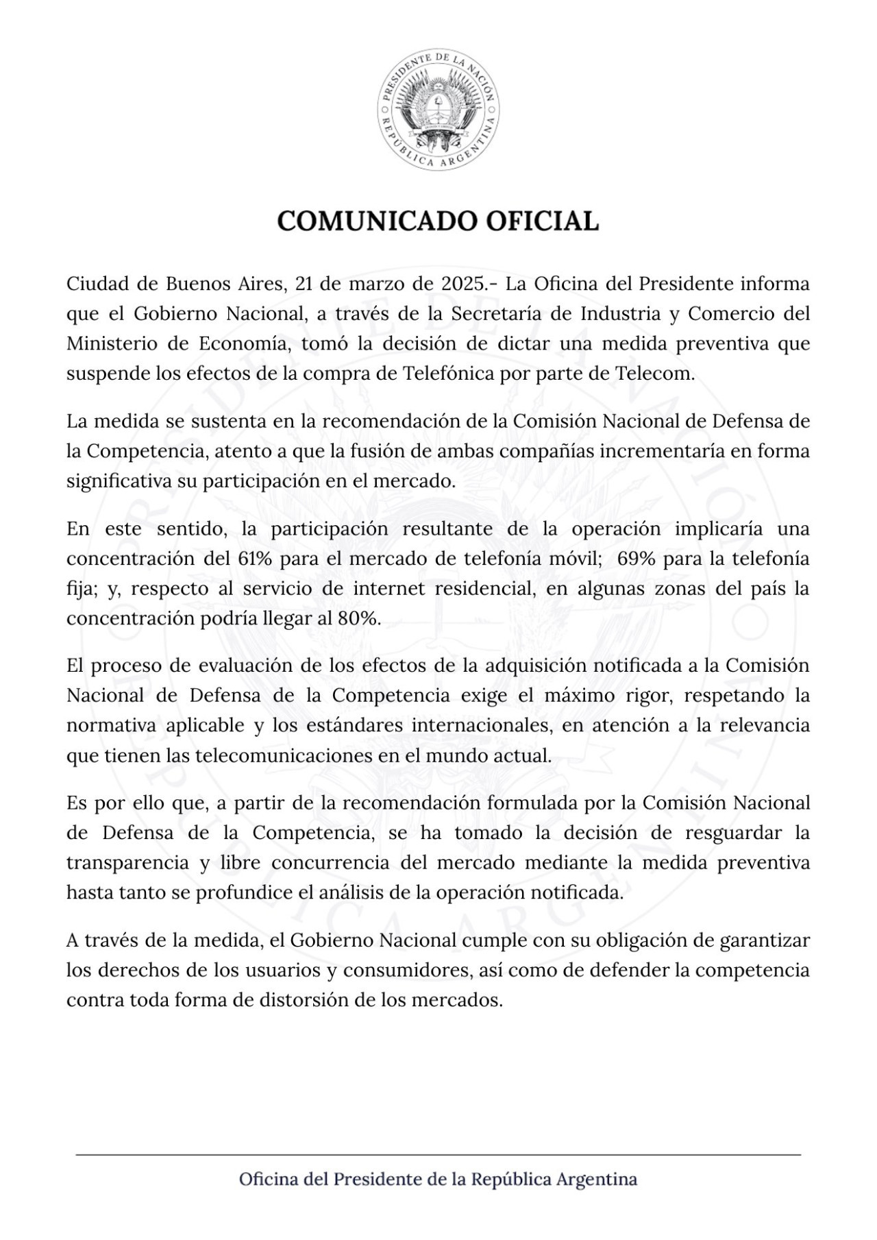 El Gobierno suspendió de forma "preventiva" la compra de Telefónica por parte de Telecom. Foto: Presidencia