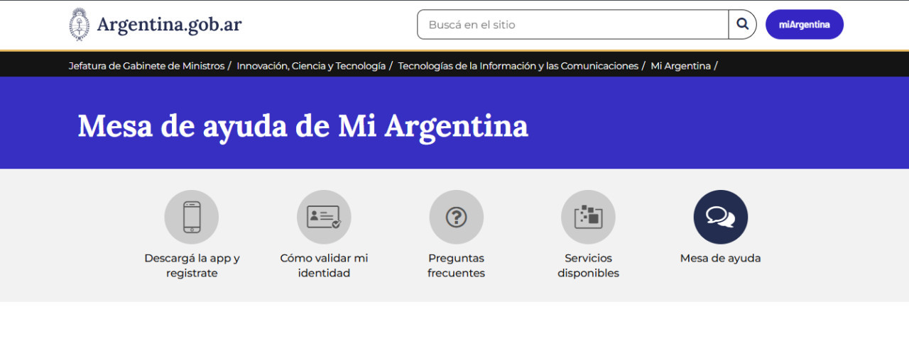 Mesa de ayuda de Mi Argentina. Foto: Captura de pantalla.